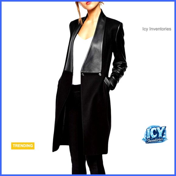 Faux Leather PU Woolen Trench Coat Double Breasted Patchwork Panel Jacket